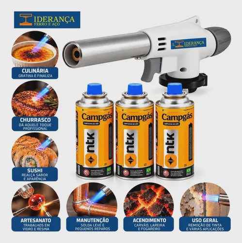 Maçarico Profissional Universal Multiuso Gourmet Portátil Com Regulagem De Chamas Kit Completo Com 3 Refil Para Chef...