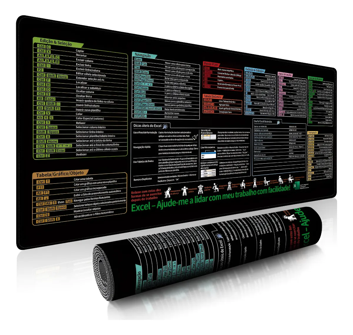 Mouse Pad Grande com Atalhos do Excel Preto