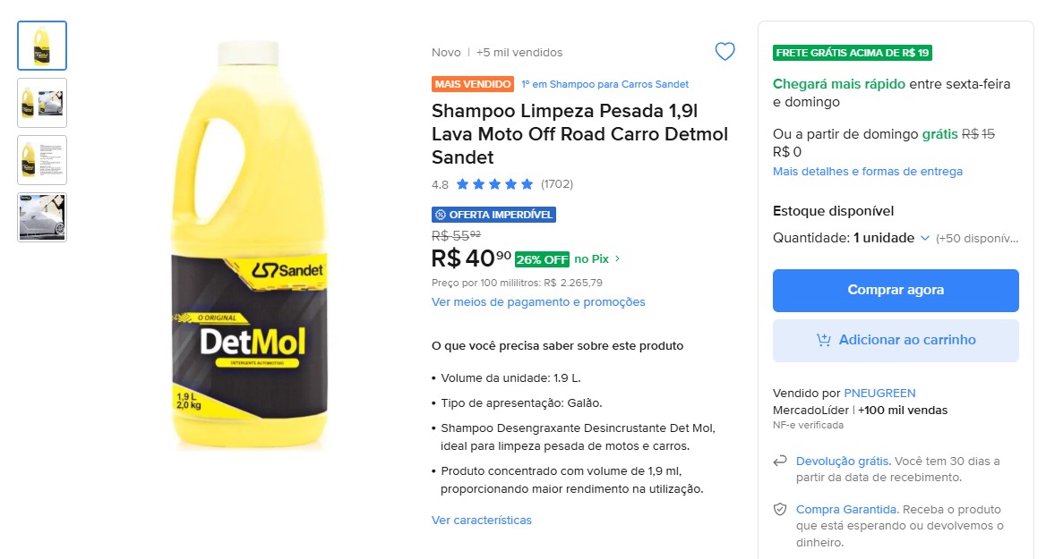 Shampoo Limpeza Pesada 1,9l Lava Moto Off Road Carro Detmol Sandet
